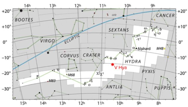 V Hydrae es una estrella rica en carbono ubicada a 1.300 años luz de distancia en la constelación de Hydra.
