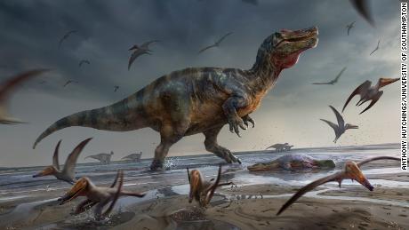 Esta ilustración muestra el temible espinosaurio de la Isla de Wight cuando cobró vida.