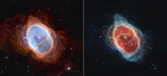 El nuevo Telescopio Espacial James Webb de la NASA ha revelado detalles inusuales en la Nebulosa del Anillo Sur, una nebulosa planetaria ubicada a unos 2.500 años luz de distancia en la constelación de Vela.  A la izquierda, una imagen en el infrarrojo cercano muestra impresionantes capas concéntricas de gas, que narran las erupciones de la estrella moribunda.  A la derecha, la imagen del infrarrojo medio distingue fácilmente la estrella moribunda en el centro de la nebulosa (rojo) de su estrella compañera (azul).  Todo el gas y el polvo de la nebulosa fueron expulsados ​​por la estrella roja.