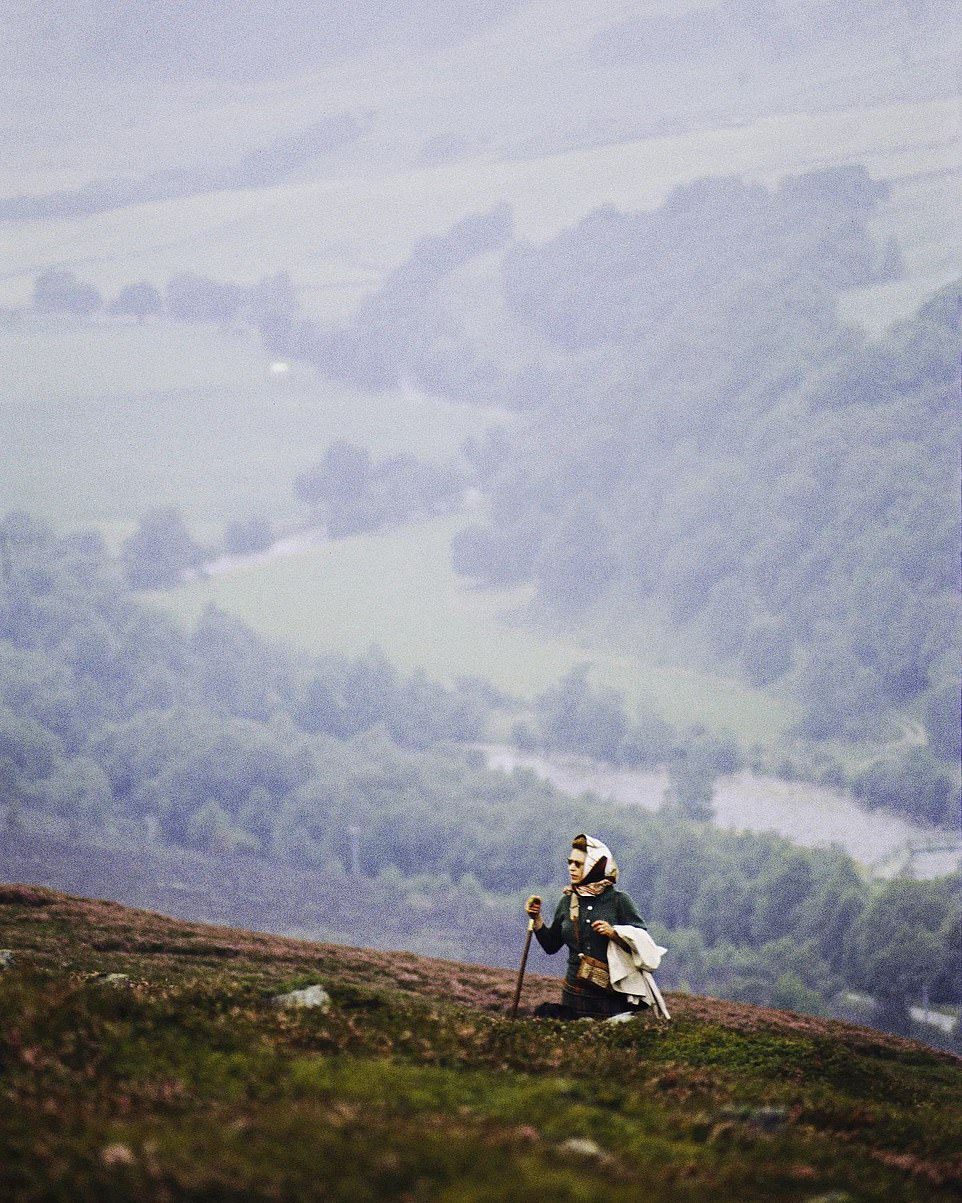 La familia real publicó ayer una foto nunca antes vista que muestra a la reina Isabel II paseando entre los brezos de Balmoral en Escocia.