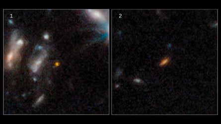 Imágenes de lado a lado de galaxias distantes, que aparecen como elípticas borrosas rojizas contra la negrura del espacio