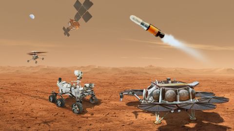 Esta ilustración muestra el equipo de robots y naves espaciales que devolverán muestras de Marte a la Tierra. 